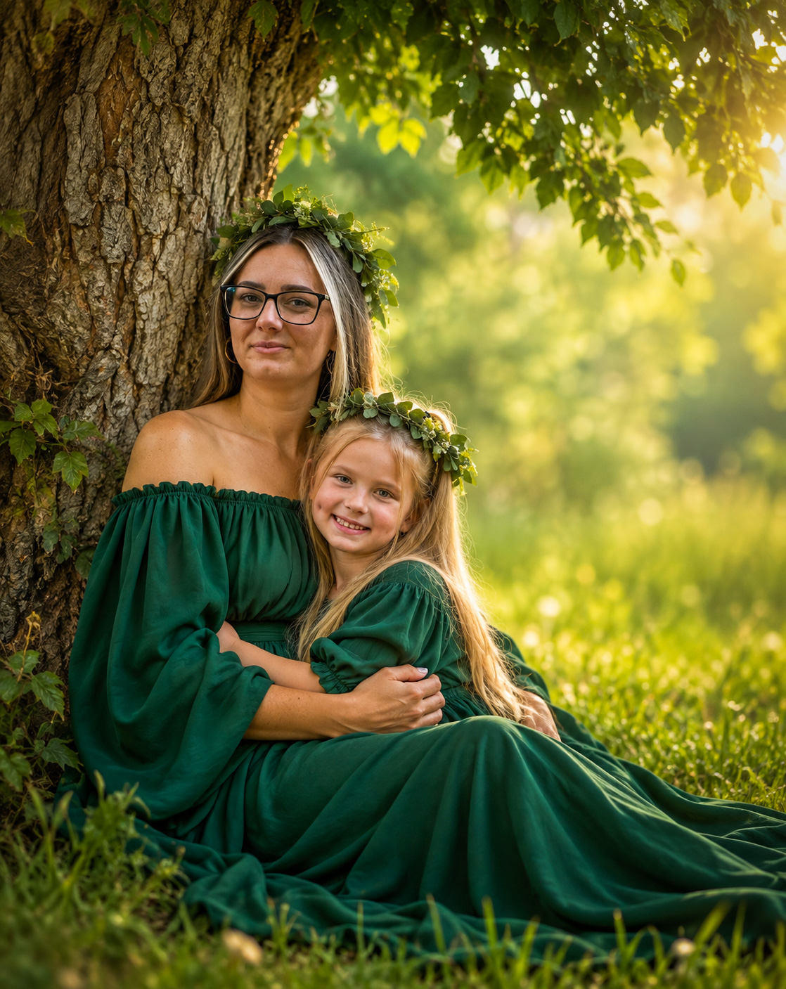 Fine art portret majke i kćerke u zelenim haljinama pod krošnjom drveta